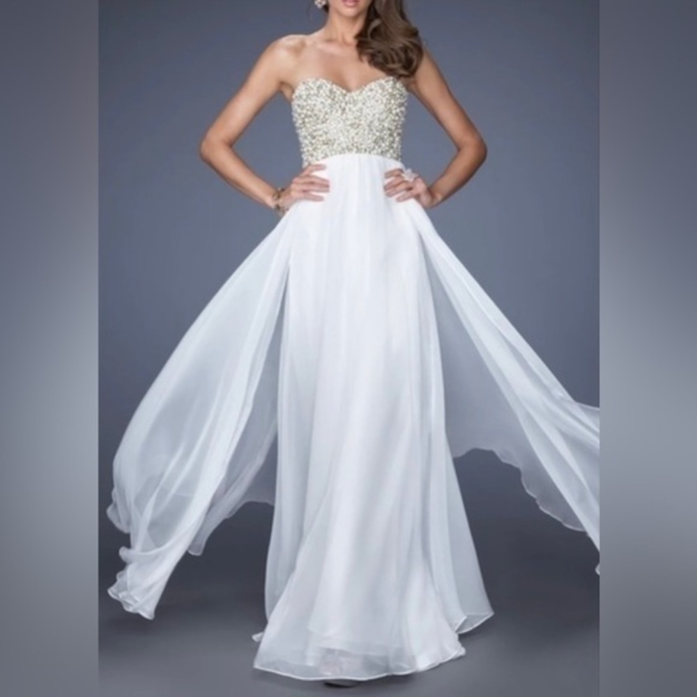 LA FEMME White Embellished Bodice Chiffon Gown